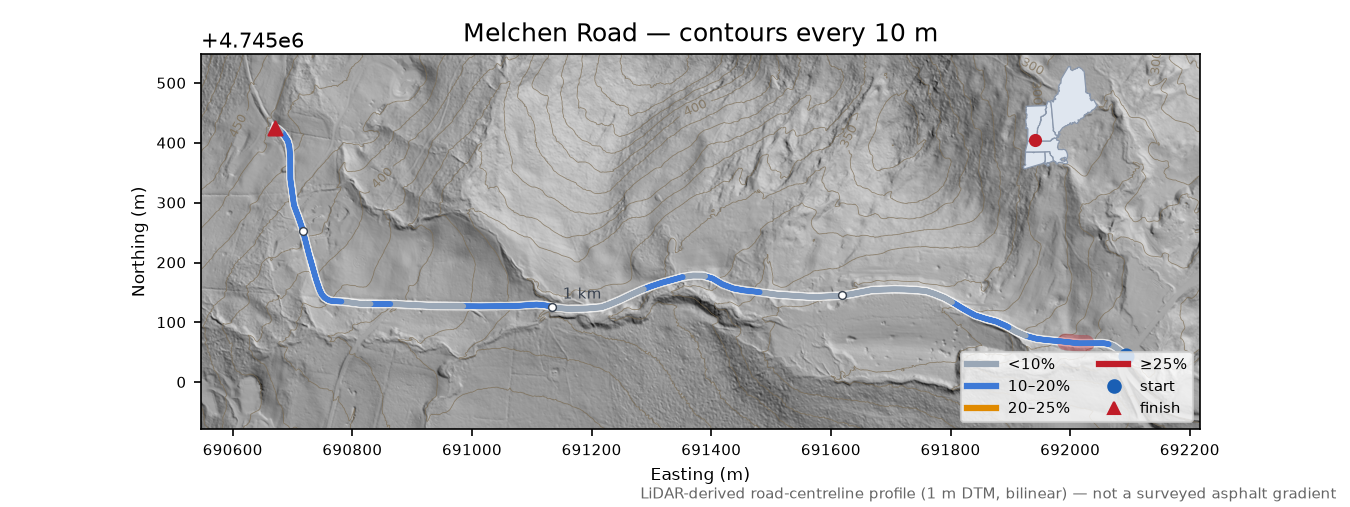Melchen Road LiDAR hillshade map with contours