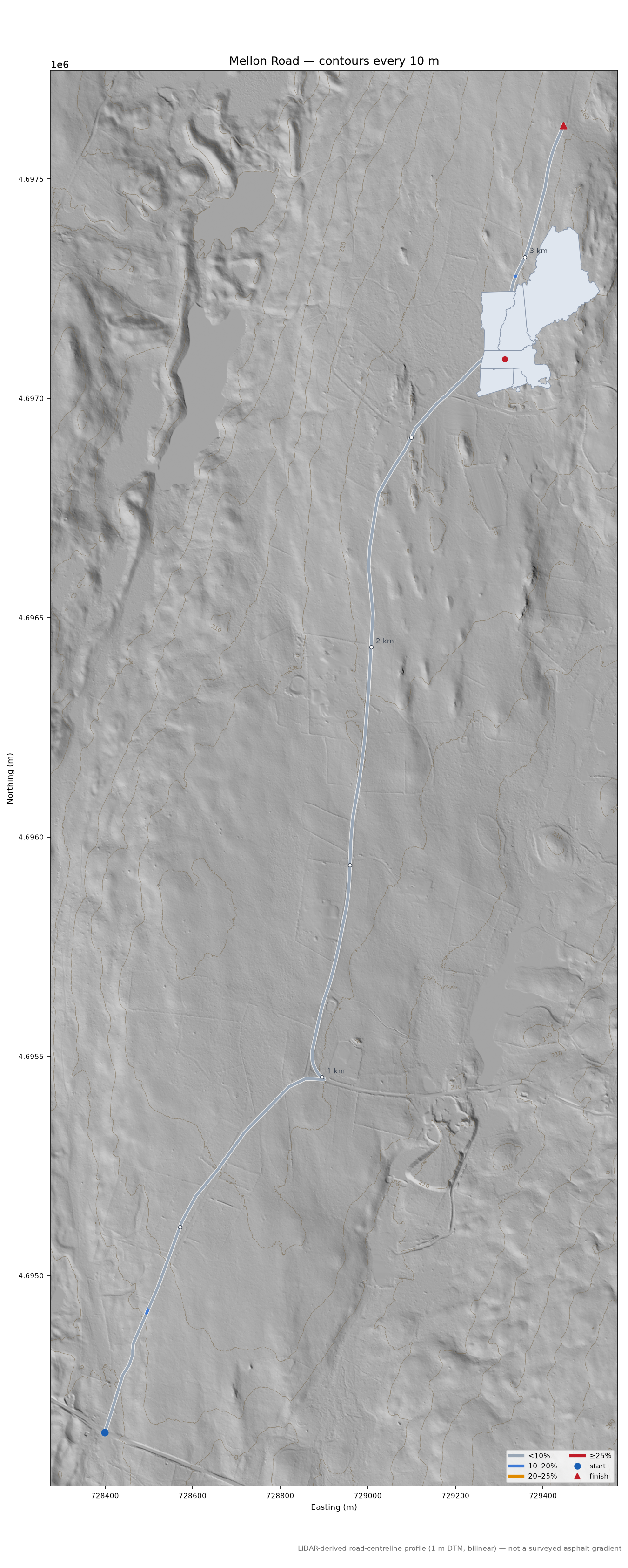 Mellon Road LiDAR hillshade map with contours