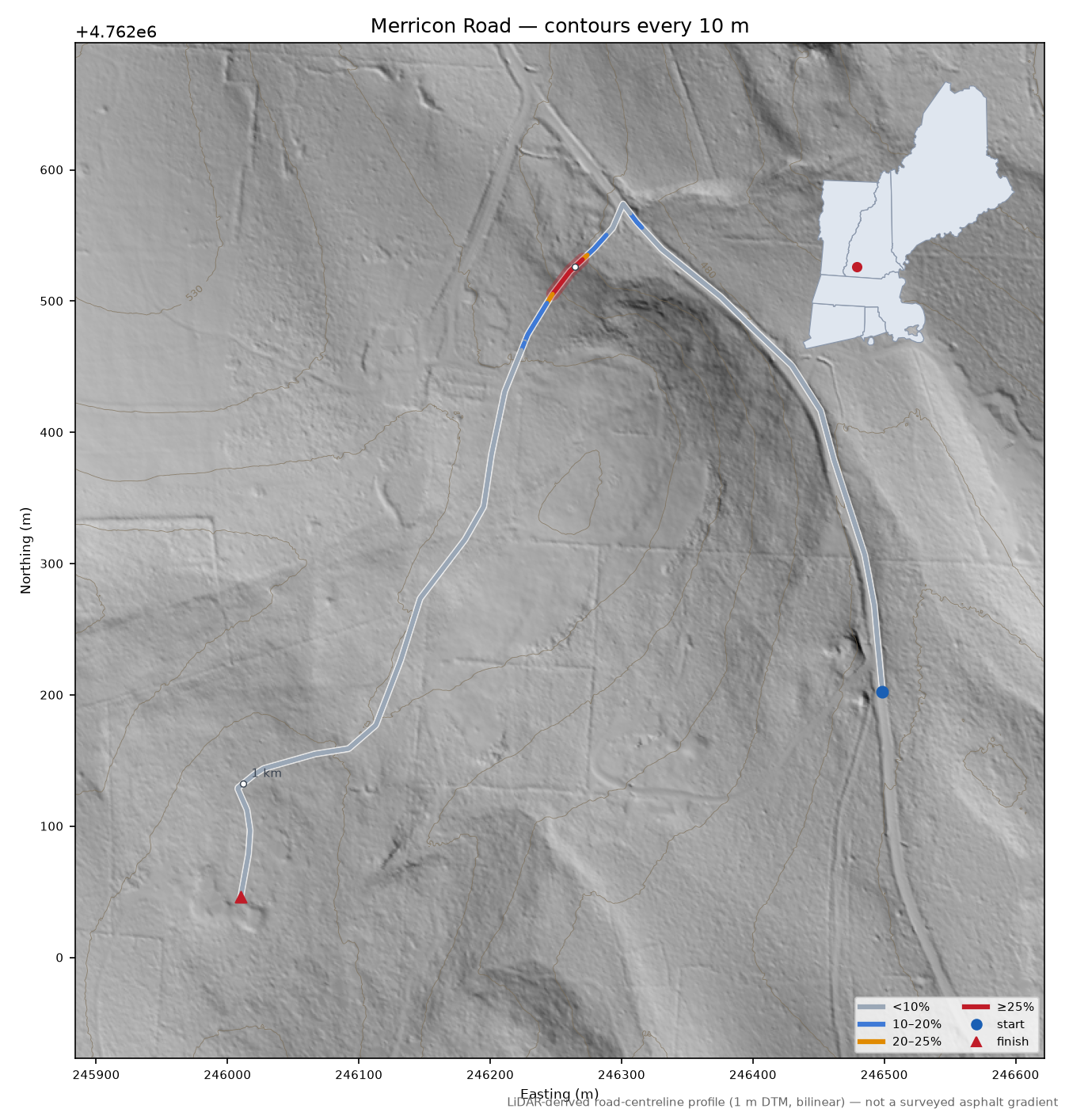 Merricon Road LiDAR hillshade map with contours