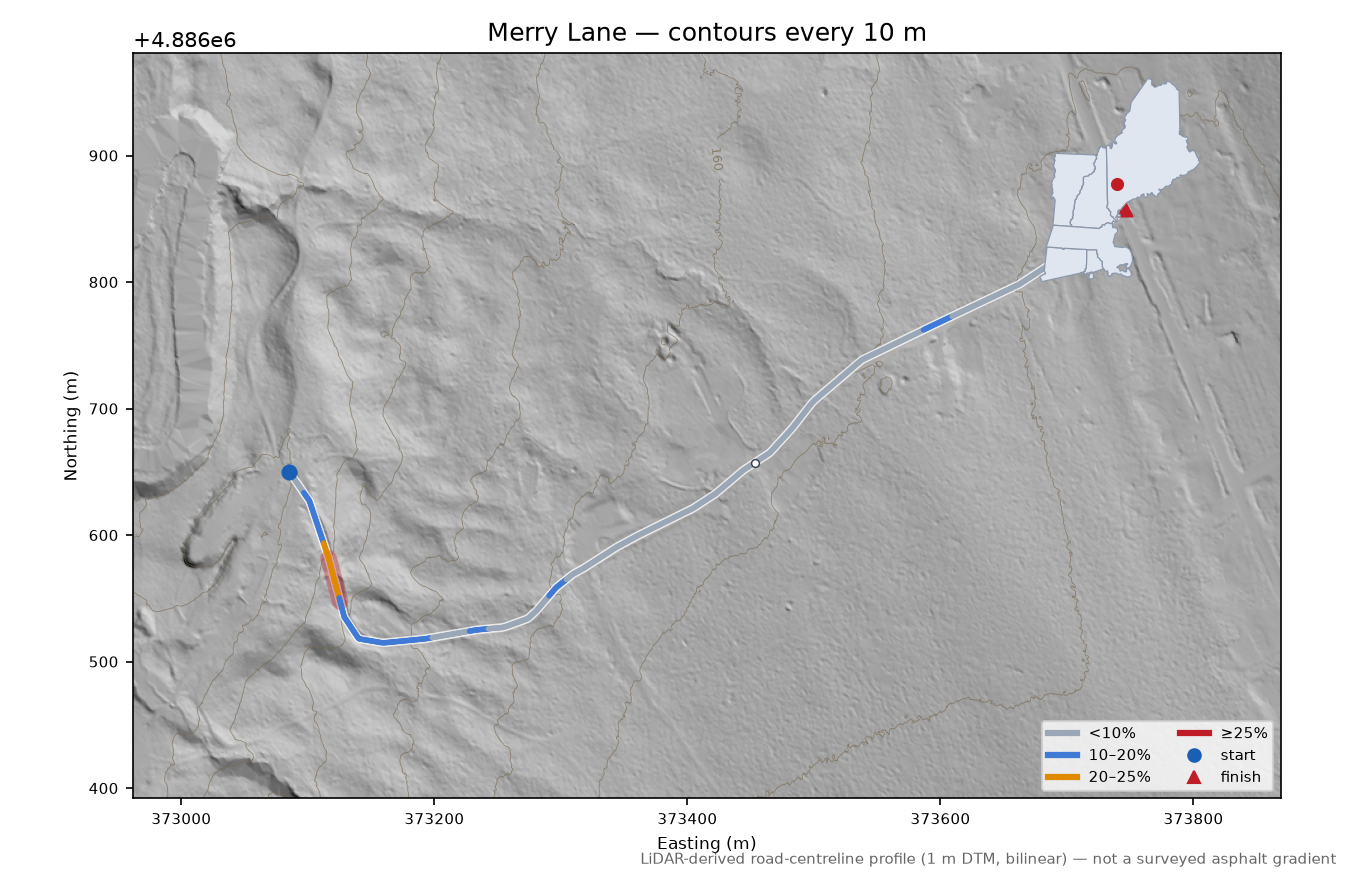 Merry Lane LiDAR hillshade map with contours