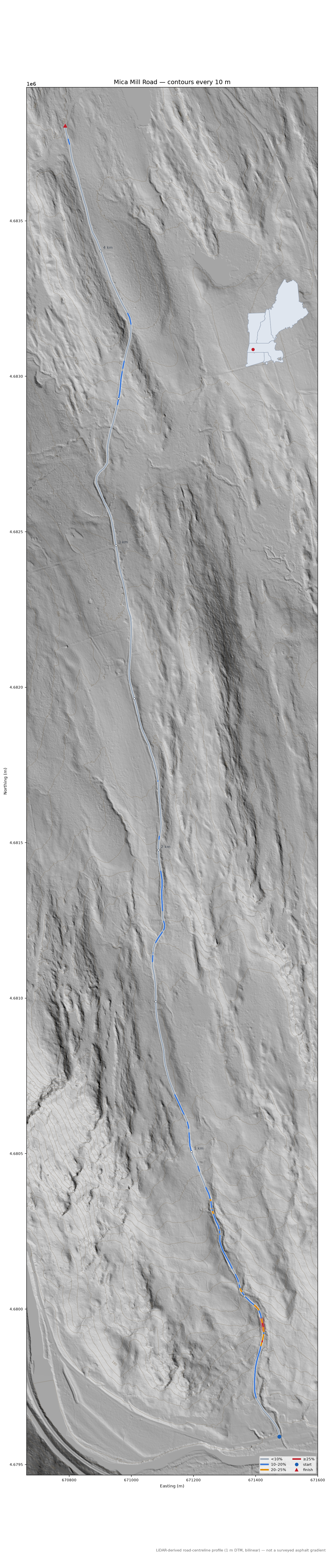Mica Mill Road LiDAR hillshade map with contours