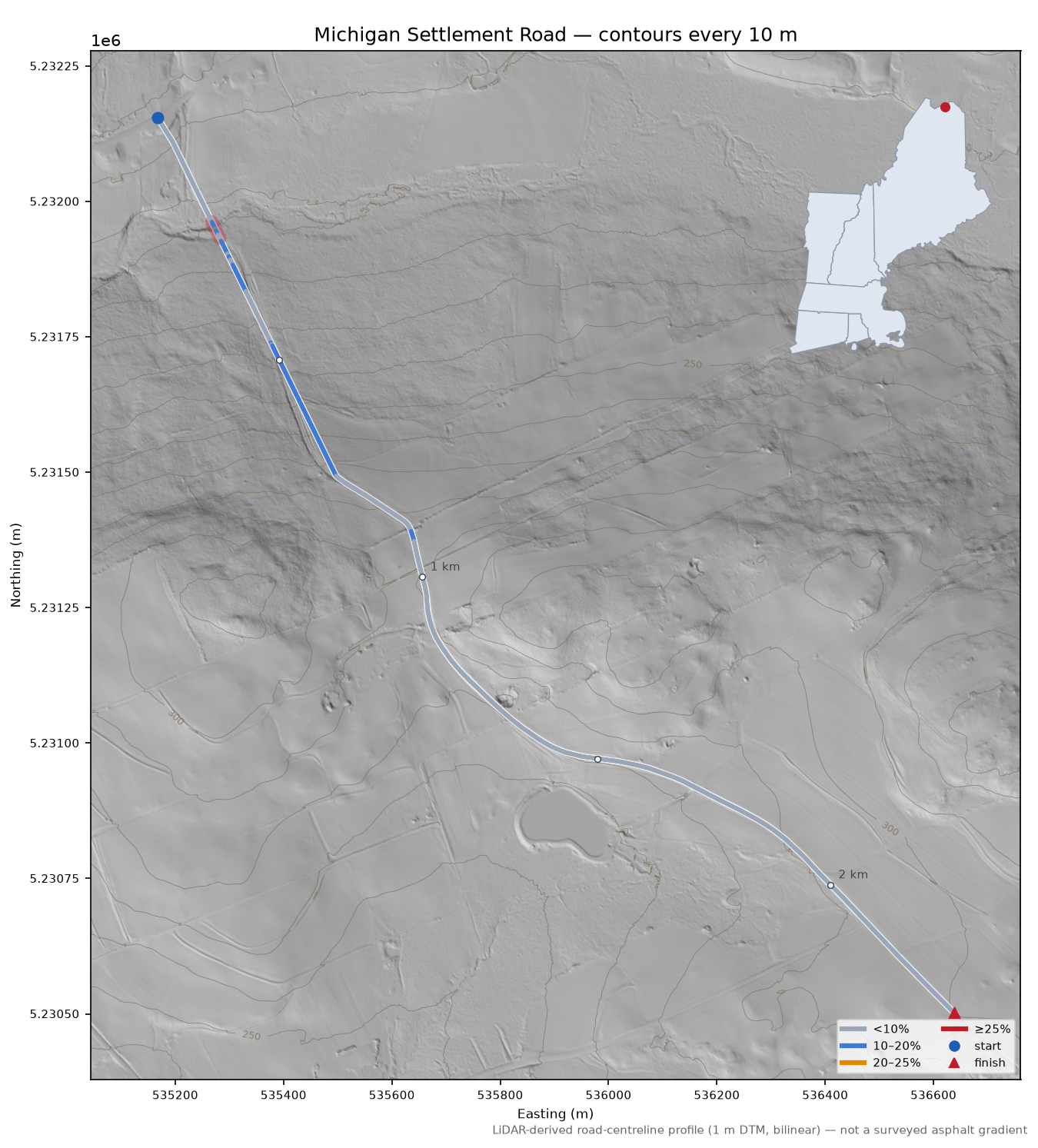 Michigan Settlement Road LiDAR hillshade map with contours