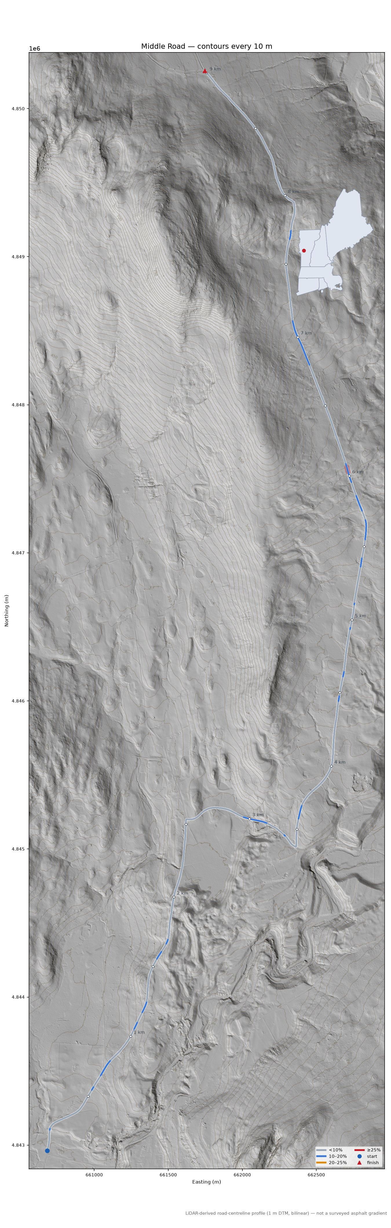 Middle Road LiDAR hillshade map with contours