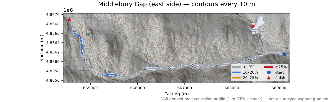 Middlebury Gap (east side) LiDAR hillshade map with contours