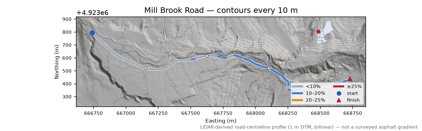 Mill Brook Road LiDAR hillshade map with contours