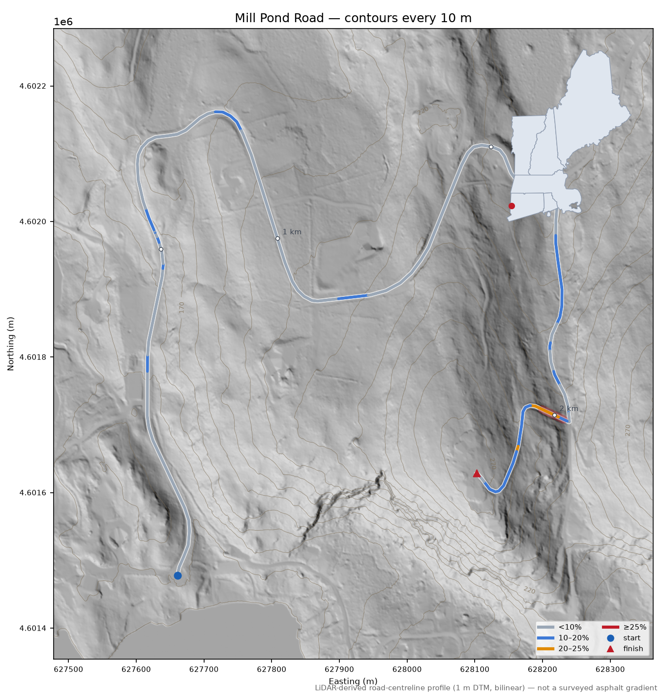 Mill Pond Road LiDAR hillshade map with contours