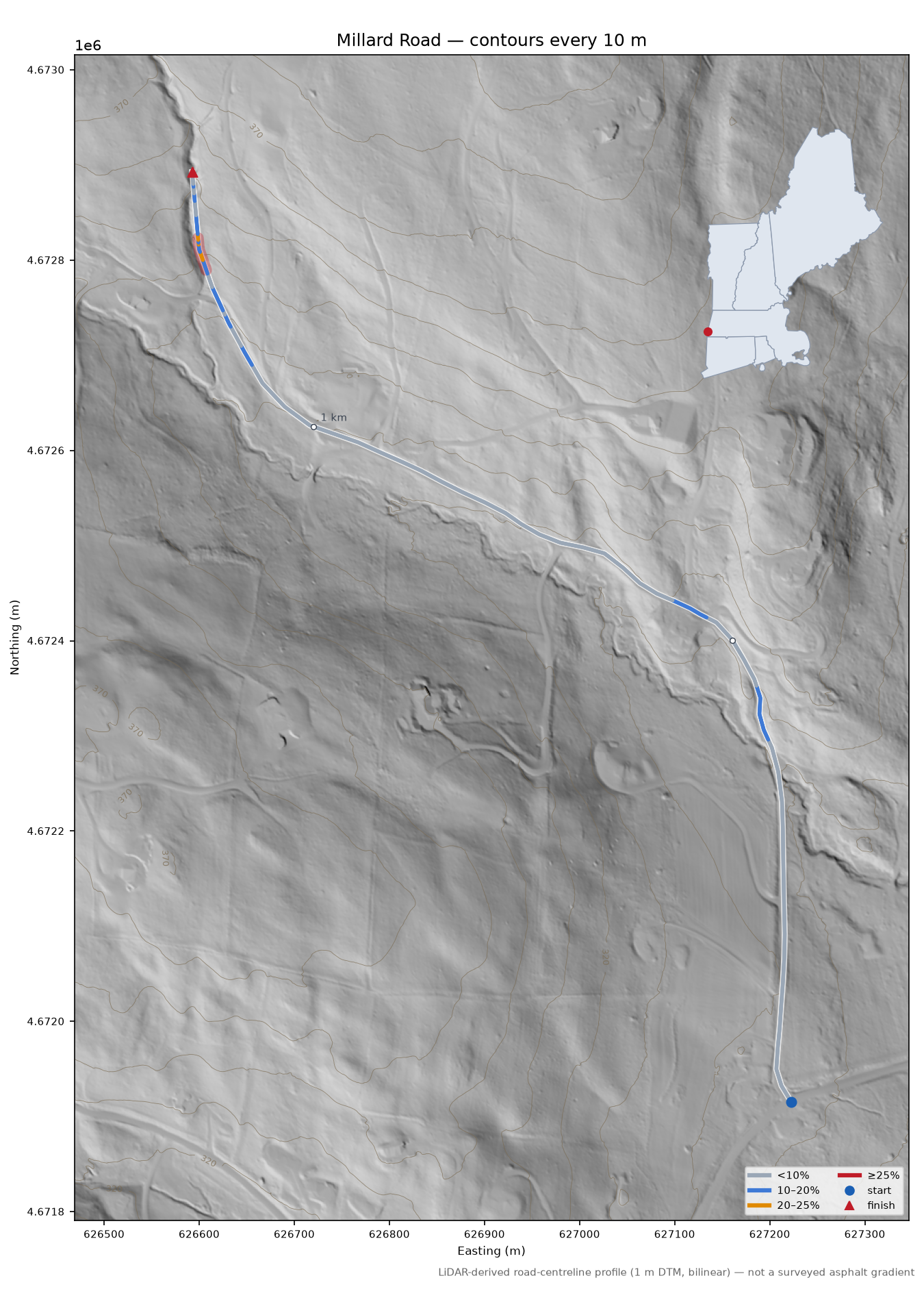 Millard Road LiDAR hillshade map with contours