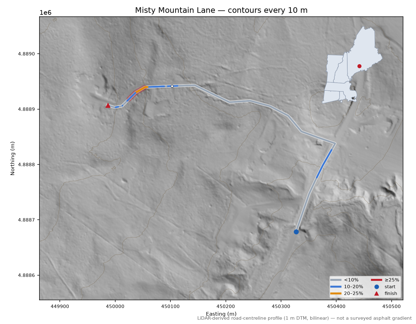 Misty Mountain Lane LiDAR hillshade map with contours
