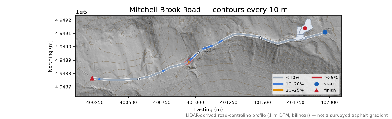 Mitchell Brook Road LiDAR hillshade map with contours