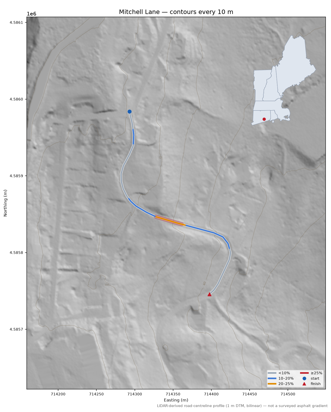 Mitchell Lane LiDAR hillshade map with contours