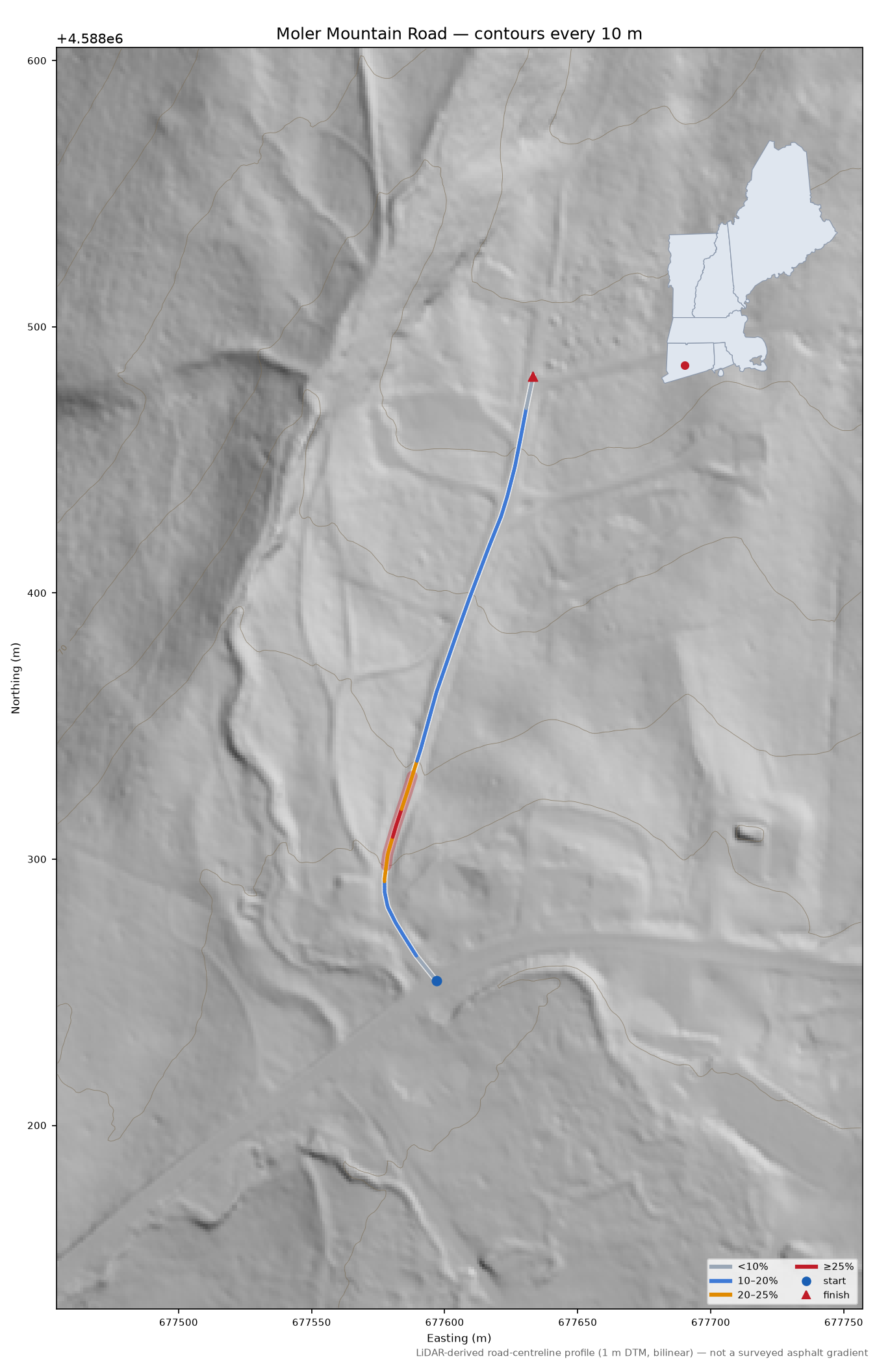 Moler Mountain Road LiDAR hillshade map with contours