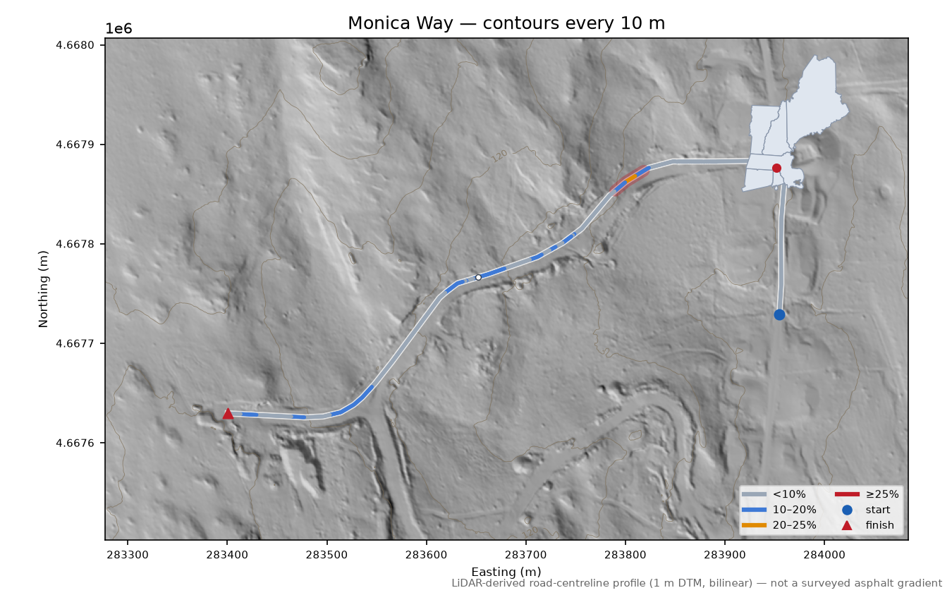 Monica Way LiDAR hillshade map with contours