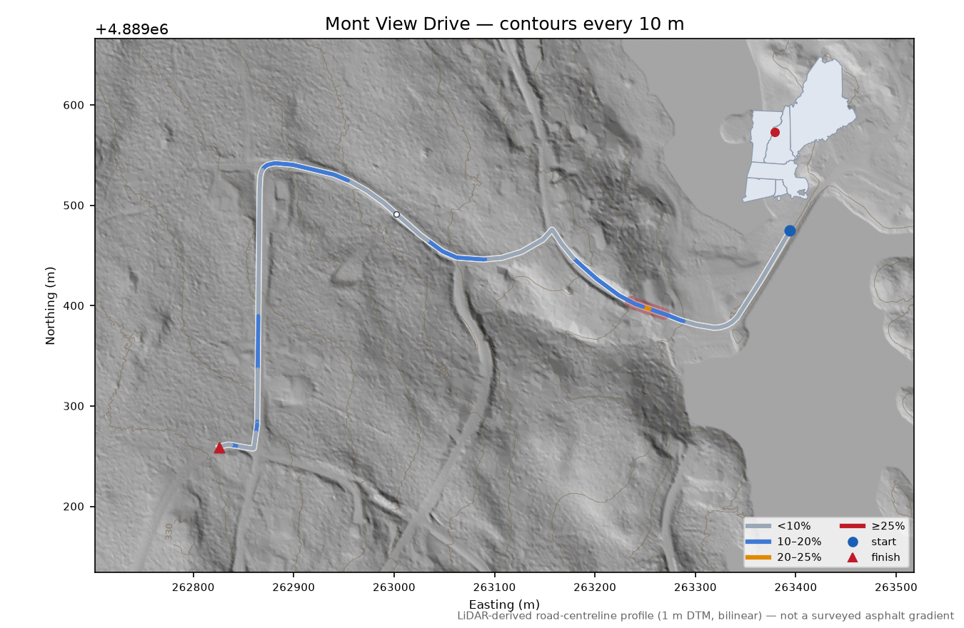 Mont View Drive LiDAR hillshade map with contours