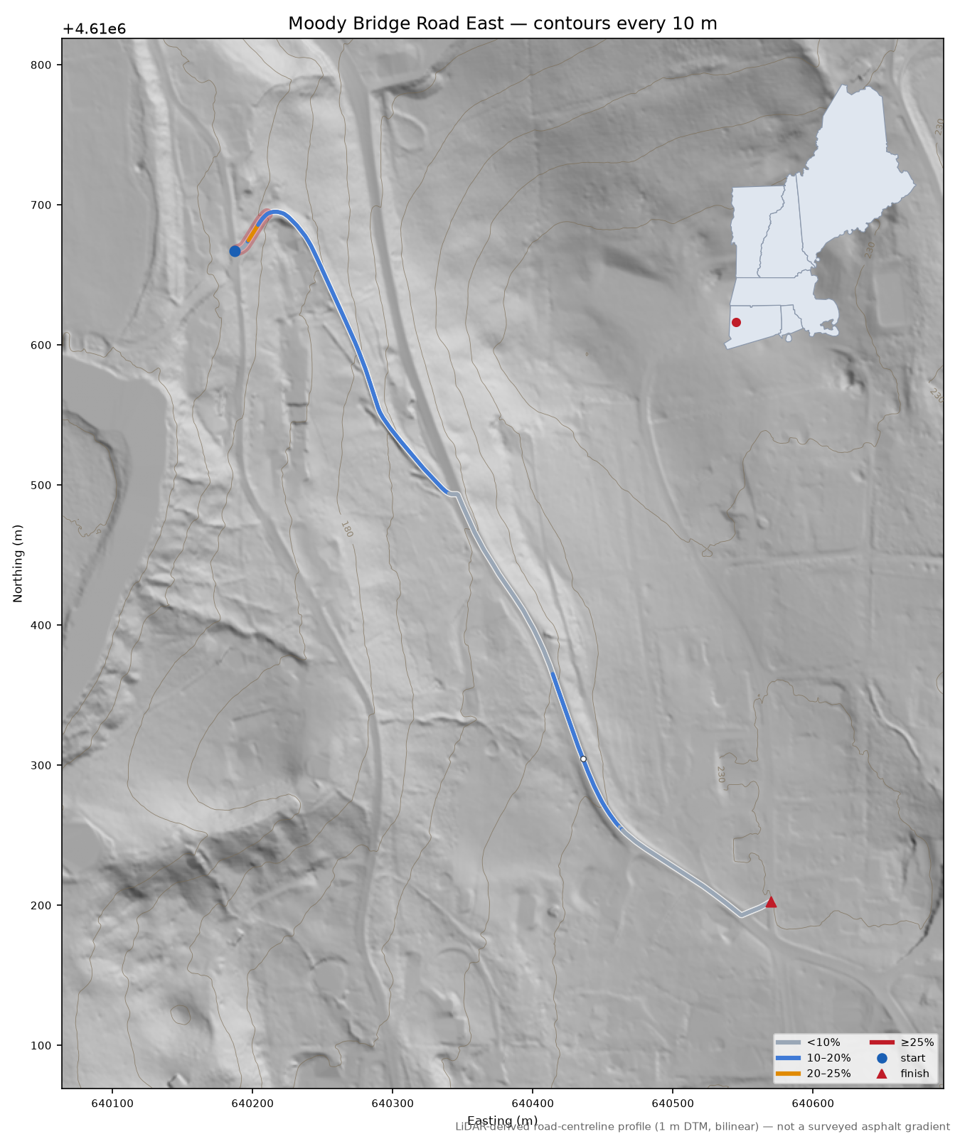Moody Bridge Road East LiDAR hillshade map with contours