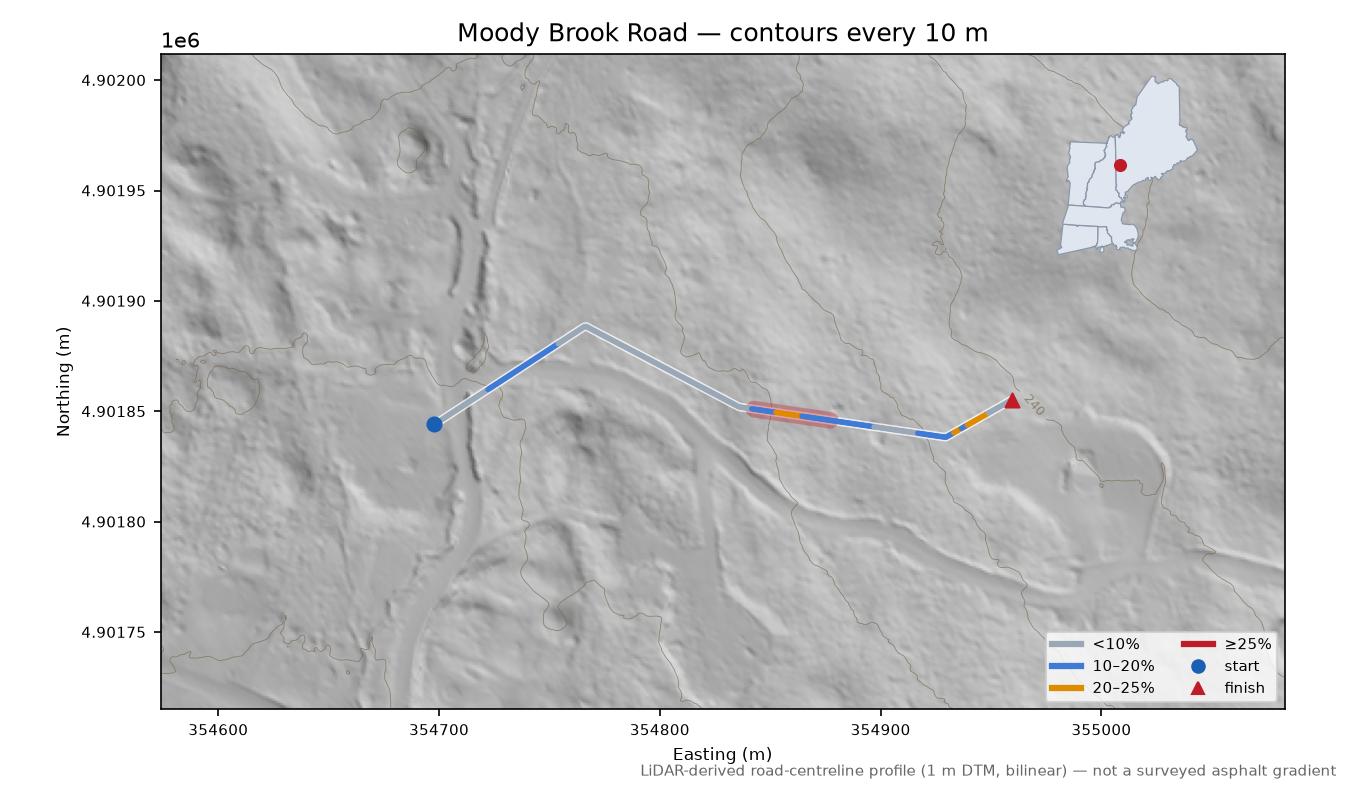Moody Brook Road LiDAR hillshade map with contours