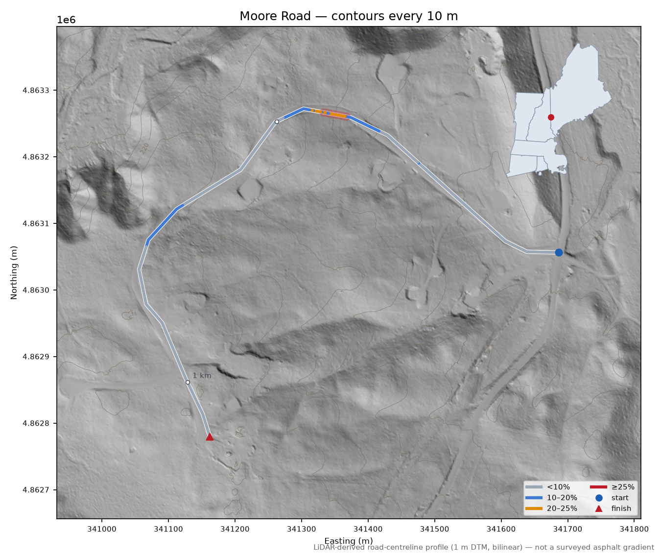 Moore Road LiDAR hillshade map with contours