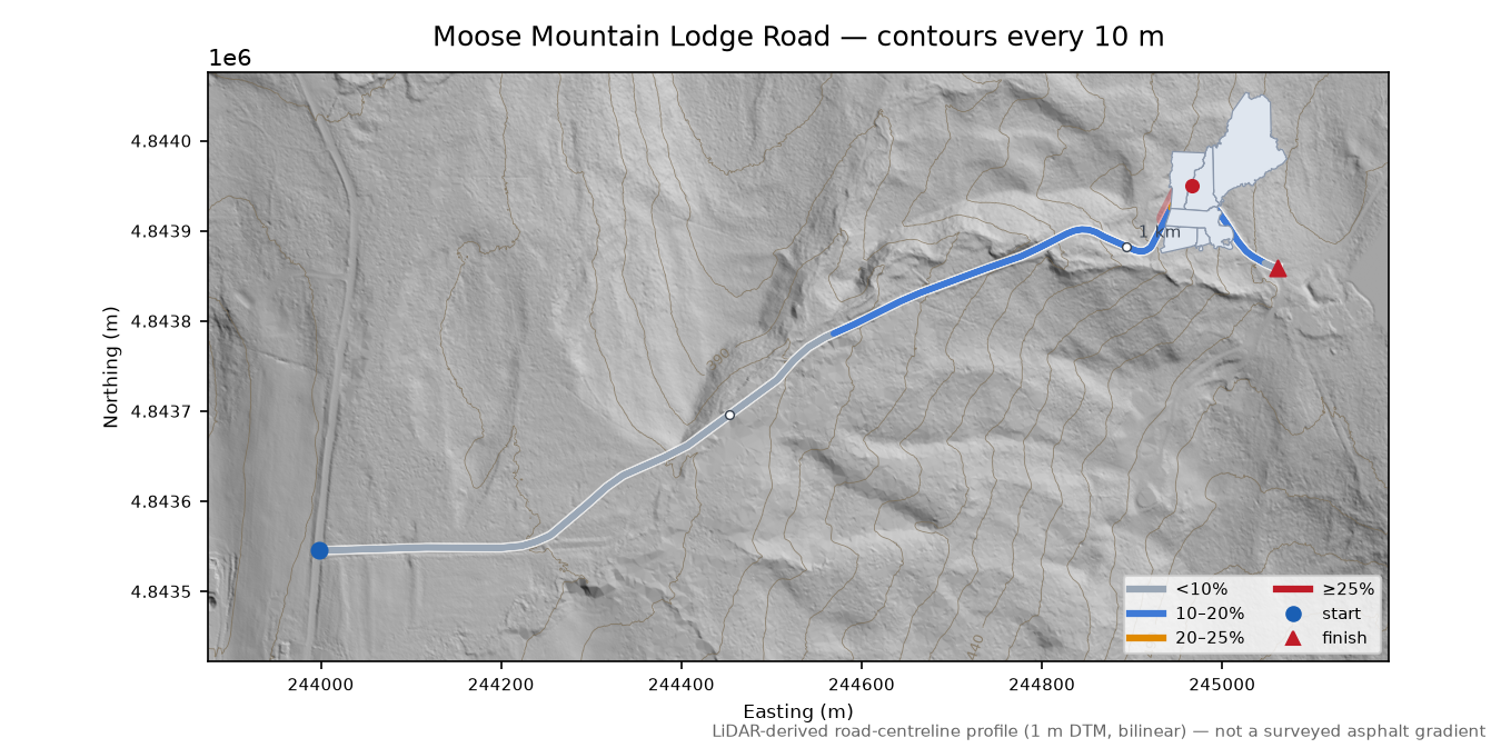 Moose Mountain Lodge Road LiDAR hillshade map with contours