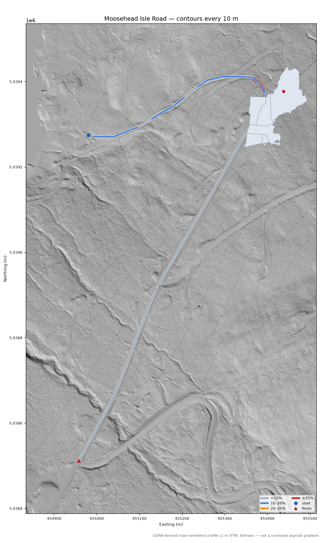 Moosehead Isle Road LiDAR hillshade map with contours