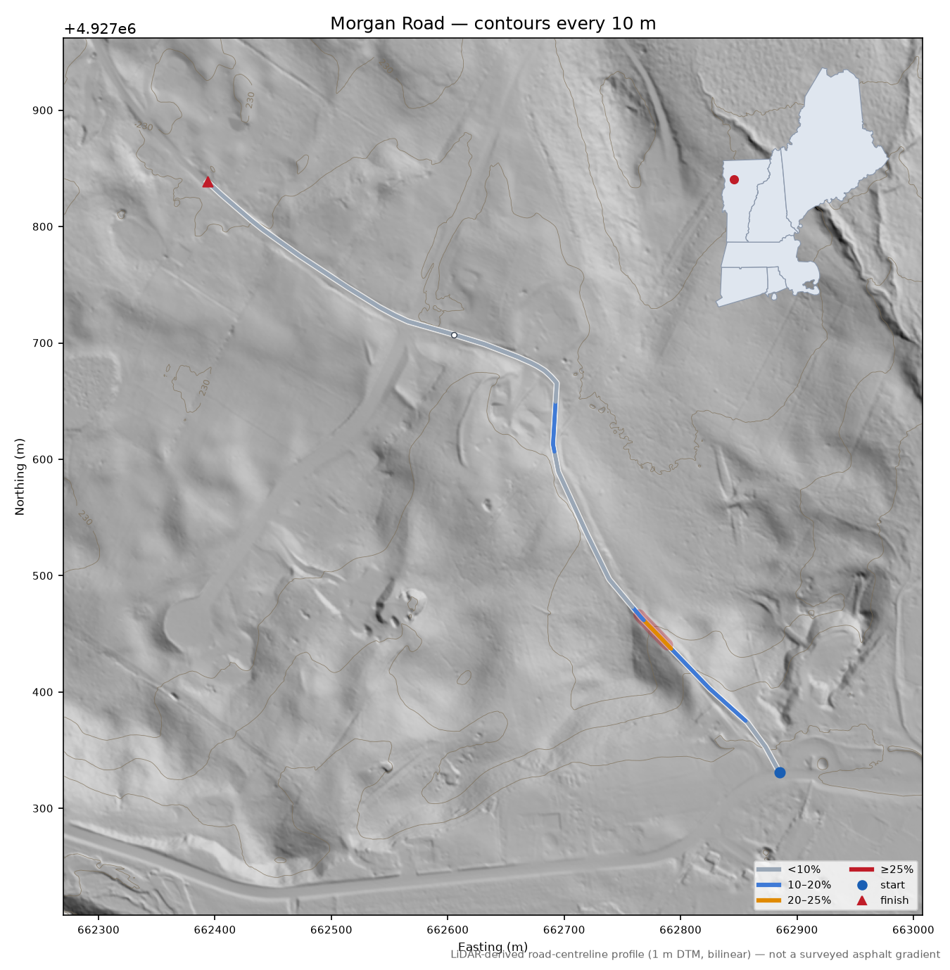 Morgan Road LiDAR hillshade map with contours