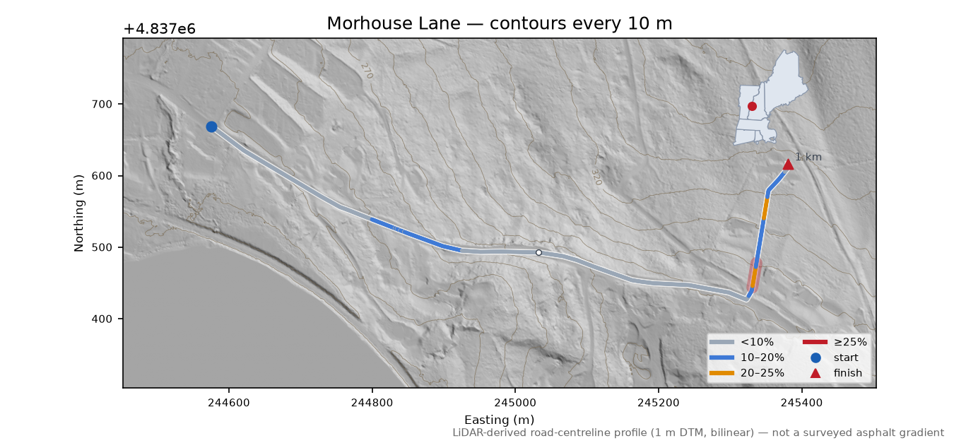 Morhouse Lane LiDAR hillshade map with contours