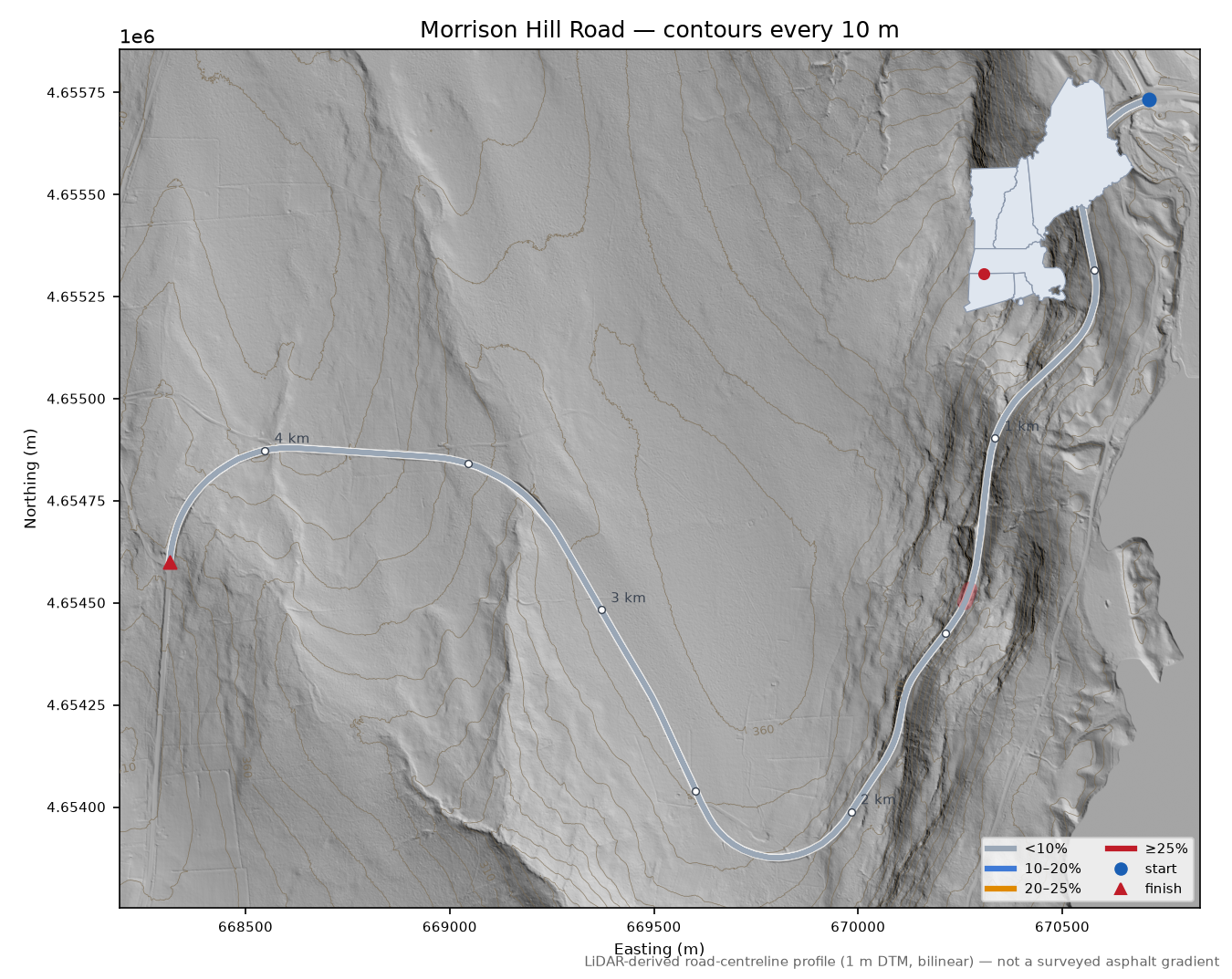 Morrison Hill Road LiDAR hillshade map with contours