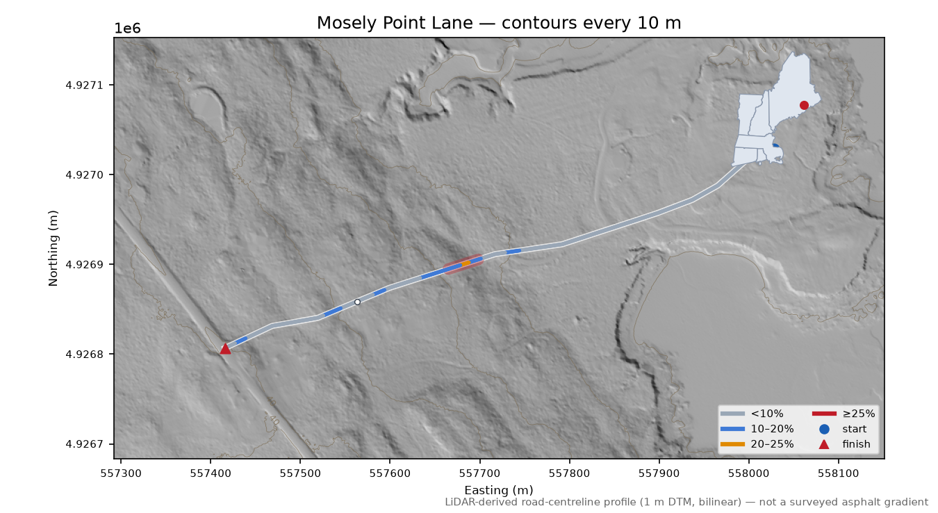 Mosely Point Lane LiDAR hillshade map with contours
