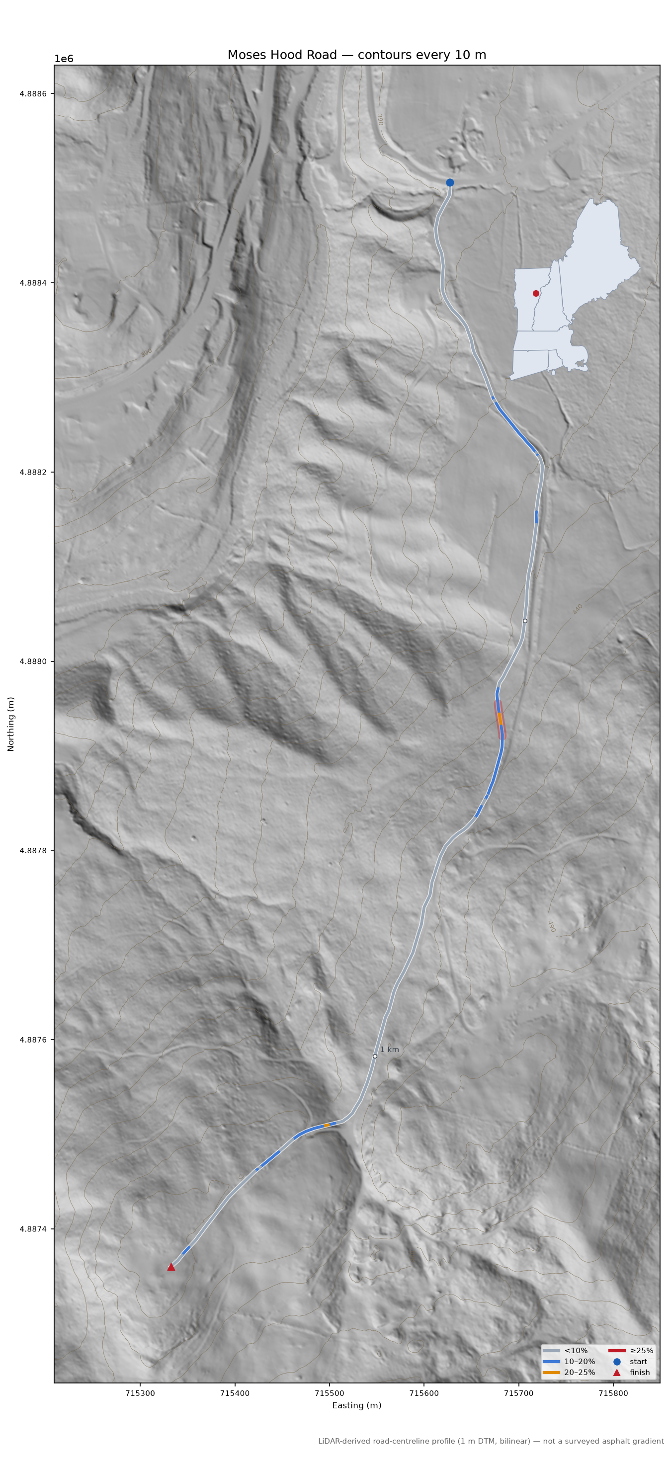 Moses Hood Road LiDAR hillshade map with contours