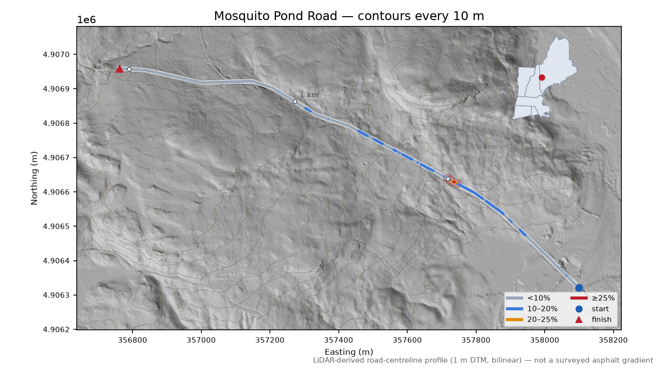 Mosquito Pond Road LiDAR hillshade map with contours