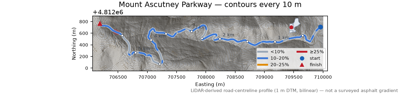 Mount Ascutney Parkway LiDAR hillshade map with contours