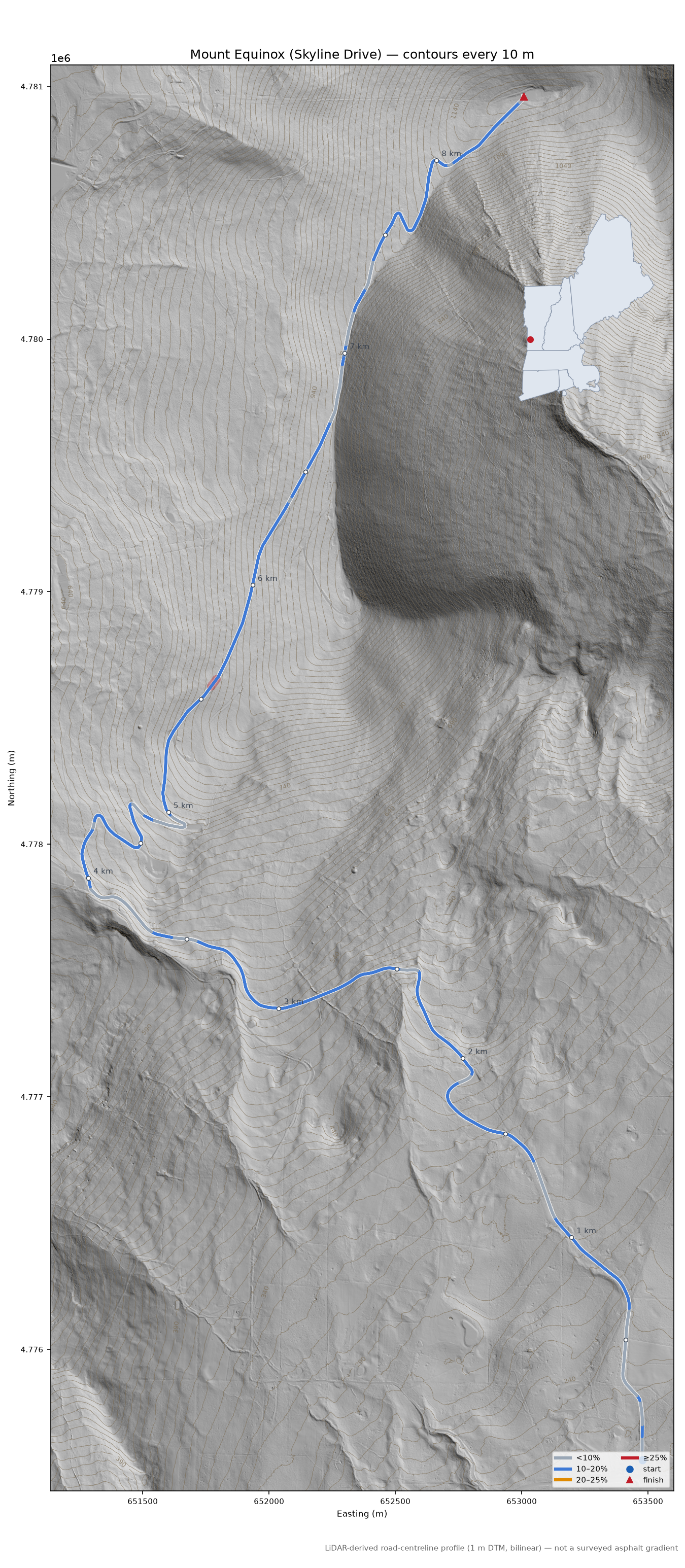 Mount Equinox (Skyline Drive) LiDAR hillshade map with contours