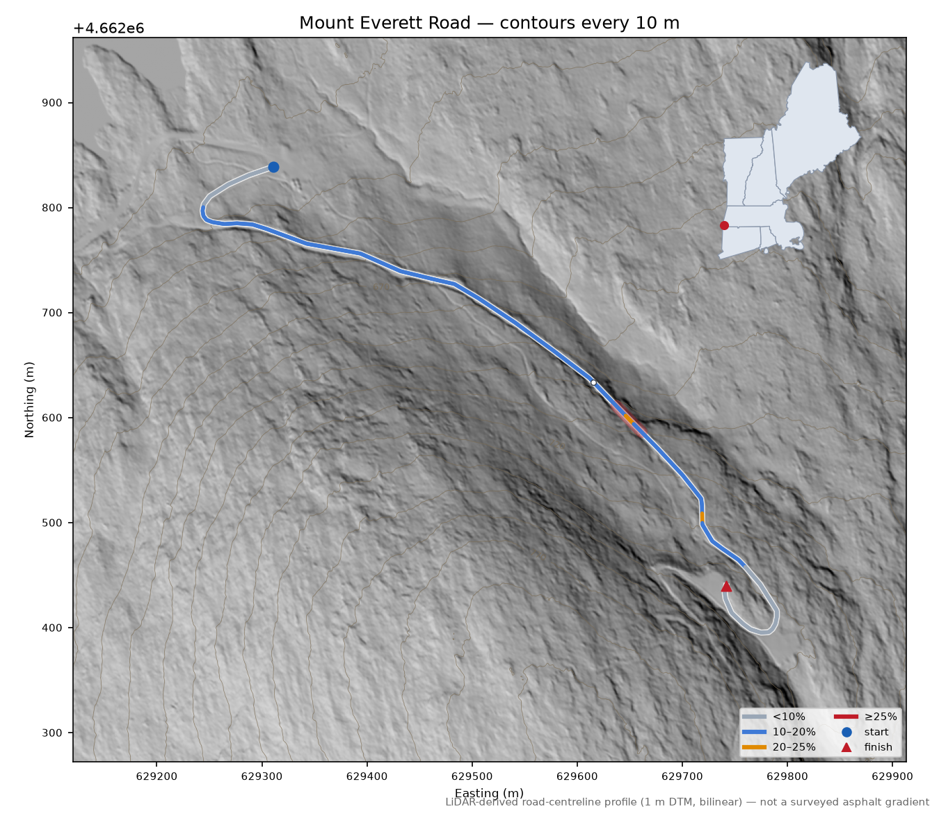 Mount Everett Road LiDAR hillshade map with contours