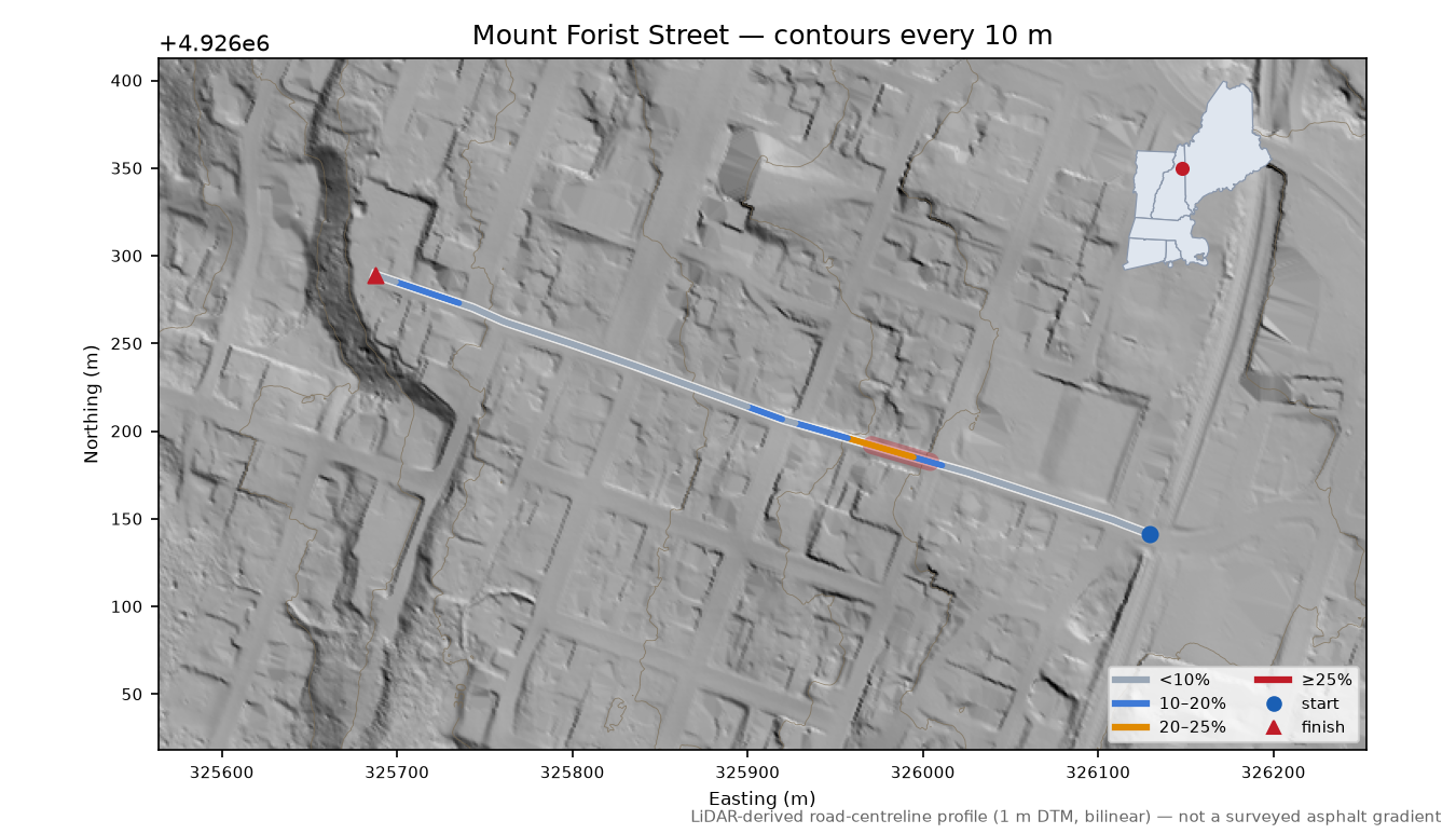 Mount Forist Street LiDAR hillshade map with contours