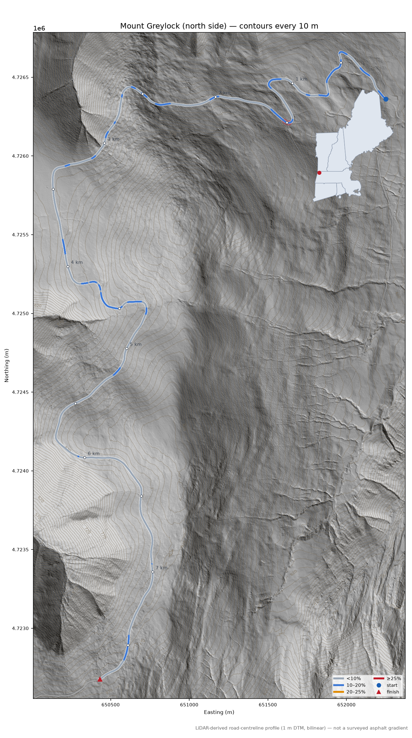 Mount Greylock (north side) LiDAR hillshade map with contours