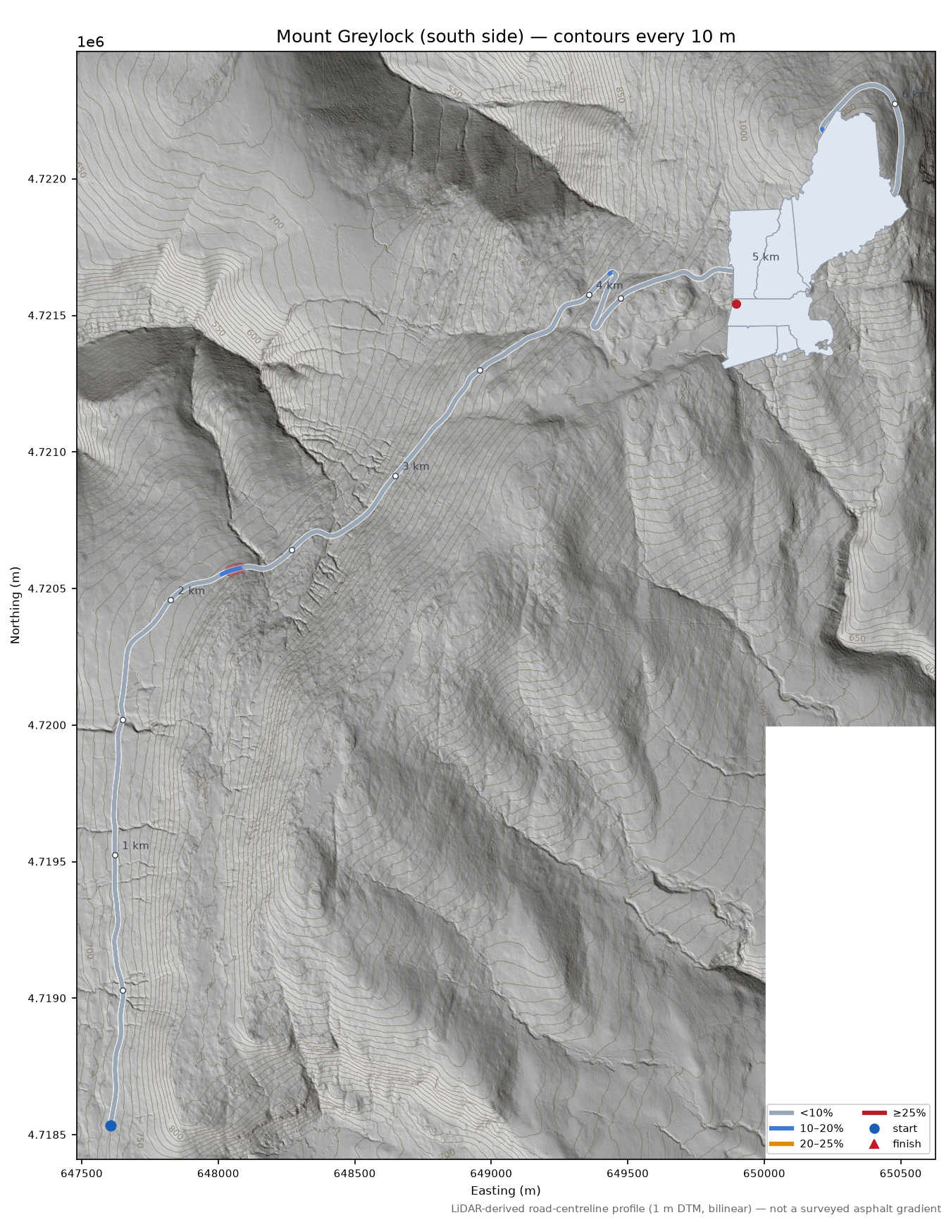 Mount Greylock (south side) LiDAR hillshade map with contours