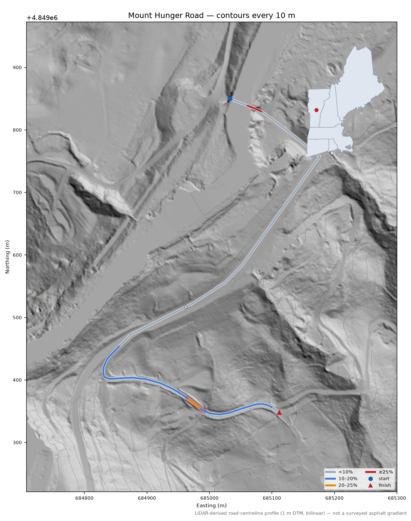 Mount Hunger Road LiDAR hillshade map with contours