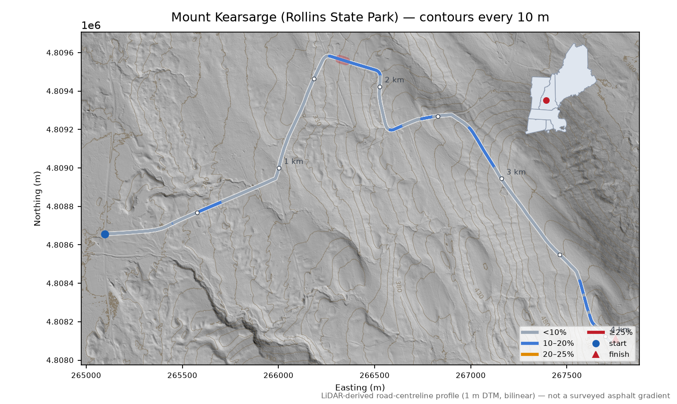 Mount Kearsarge (Rollins State Park) LiDAR hillshade map with contours
