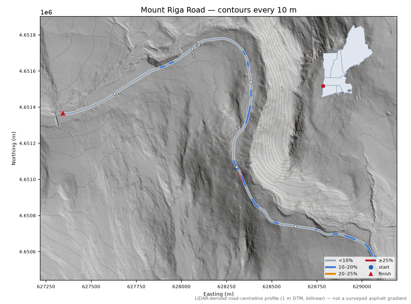 Mount Riga Road LiDAR hillshade map with contours