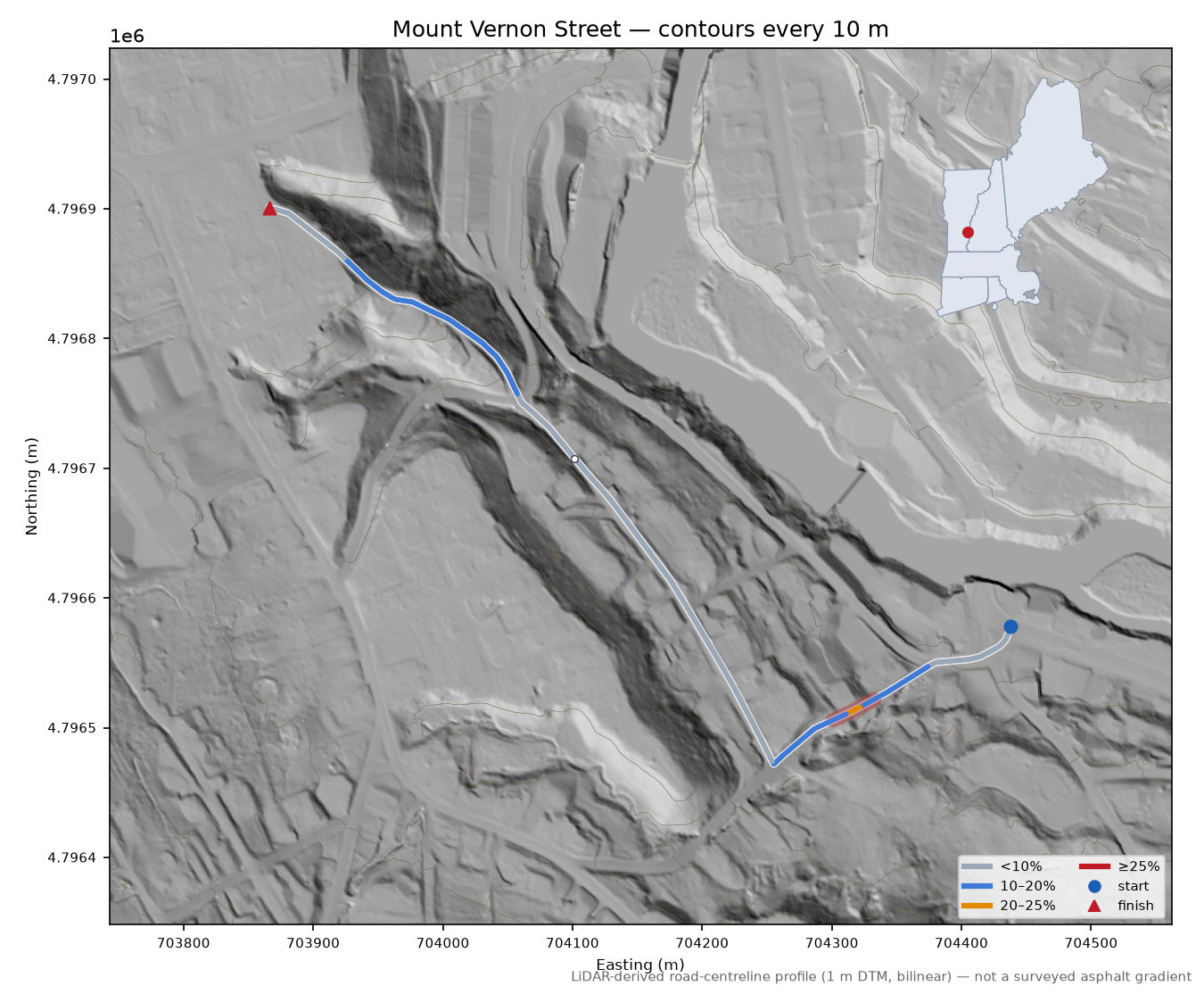Mount Vernon Street LiDAR hillshade map with contours
