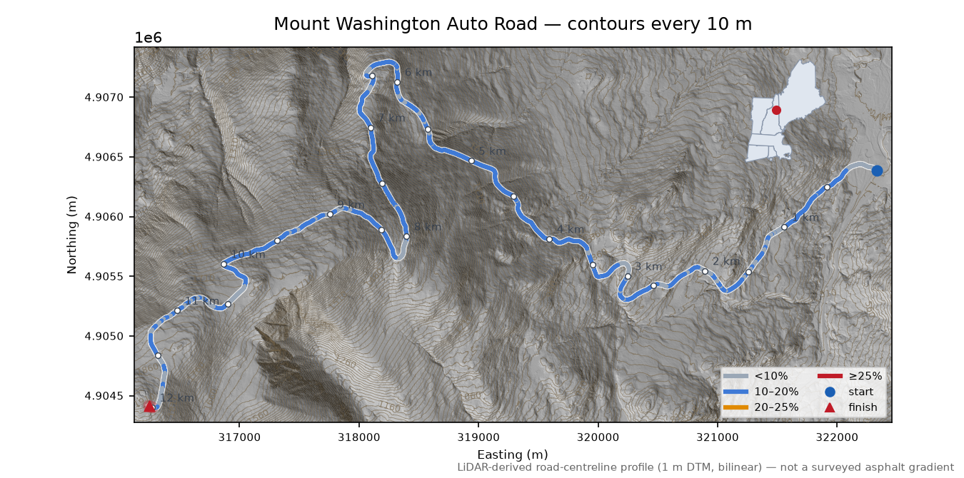 Mount Washington Auto Road LiDAR hillshade map with contours