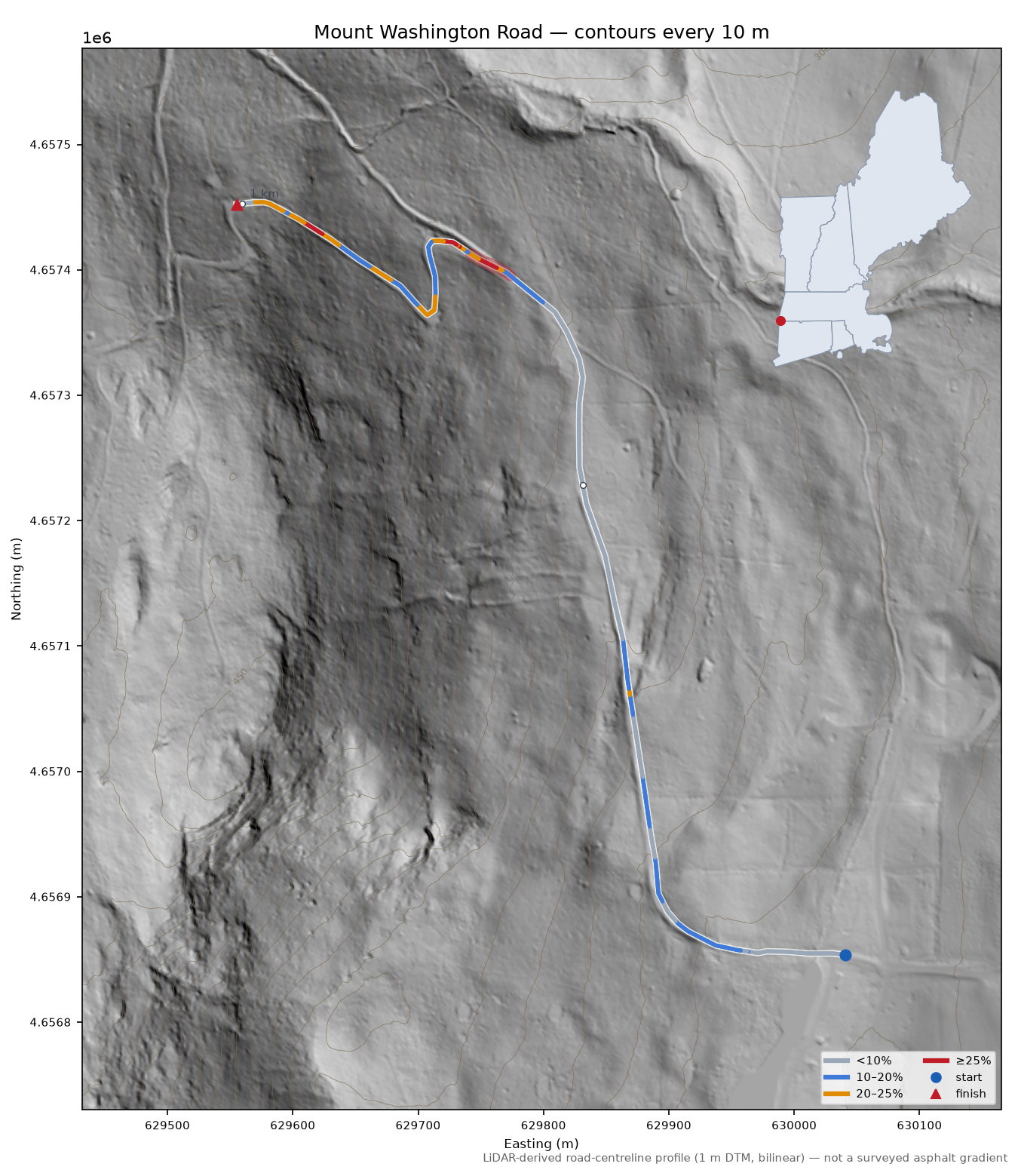 Mount Washington Road LiDAR hillshade map with contours
