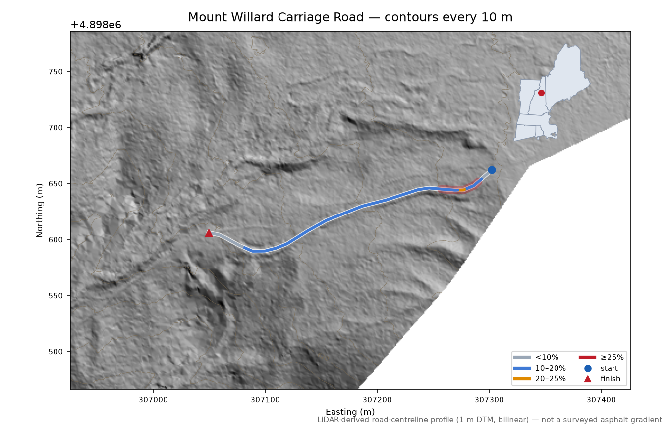 Mount Willard Carriage Road LiDAR hillshade map with contours