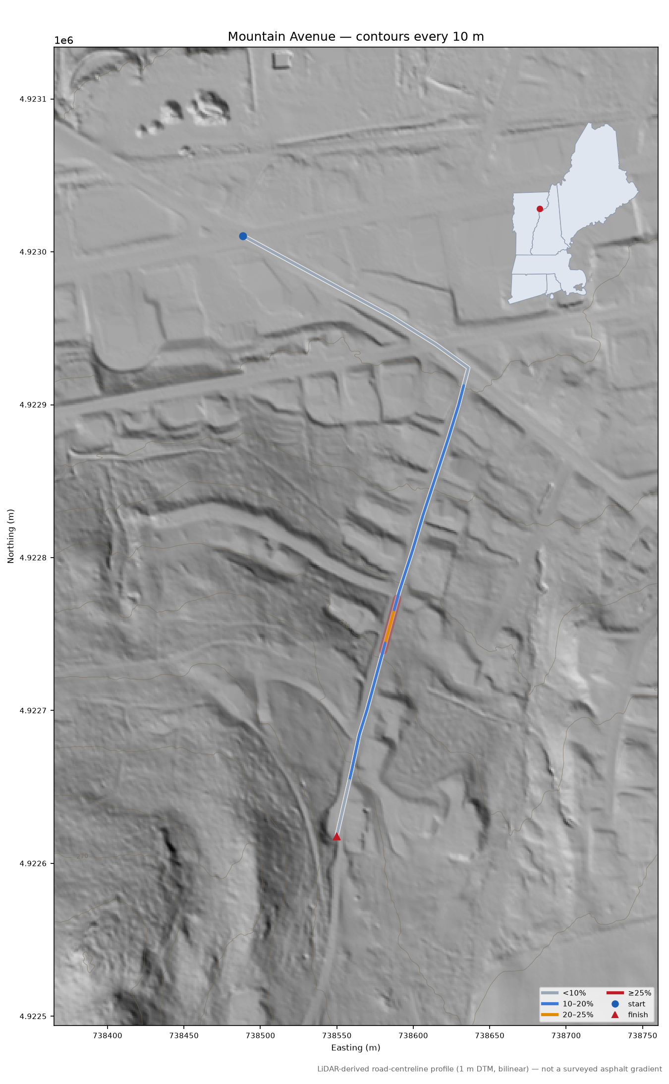 Mountain Avenue LiDAR hillshade map with contours