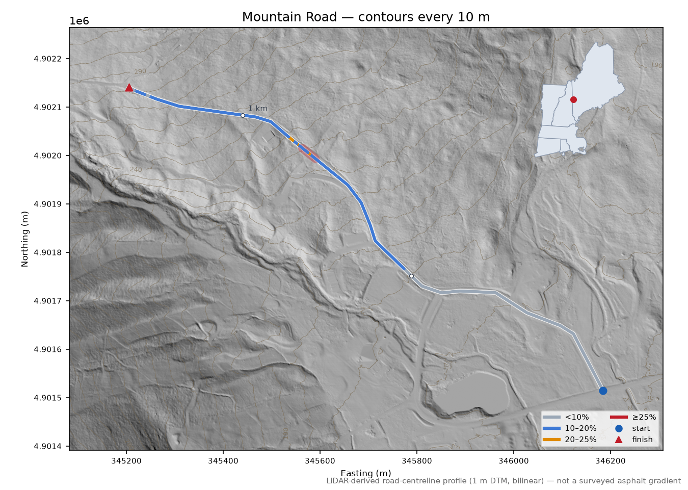 Mountain Road LiDAR hillshade map with contours