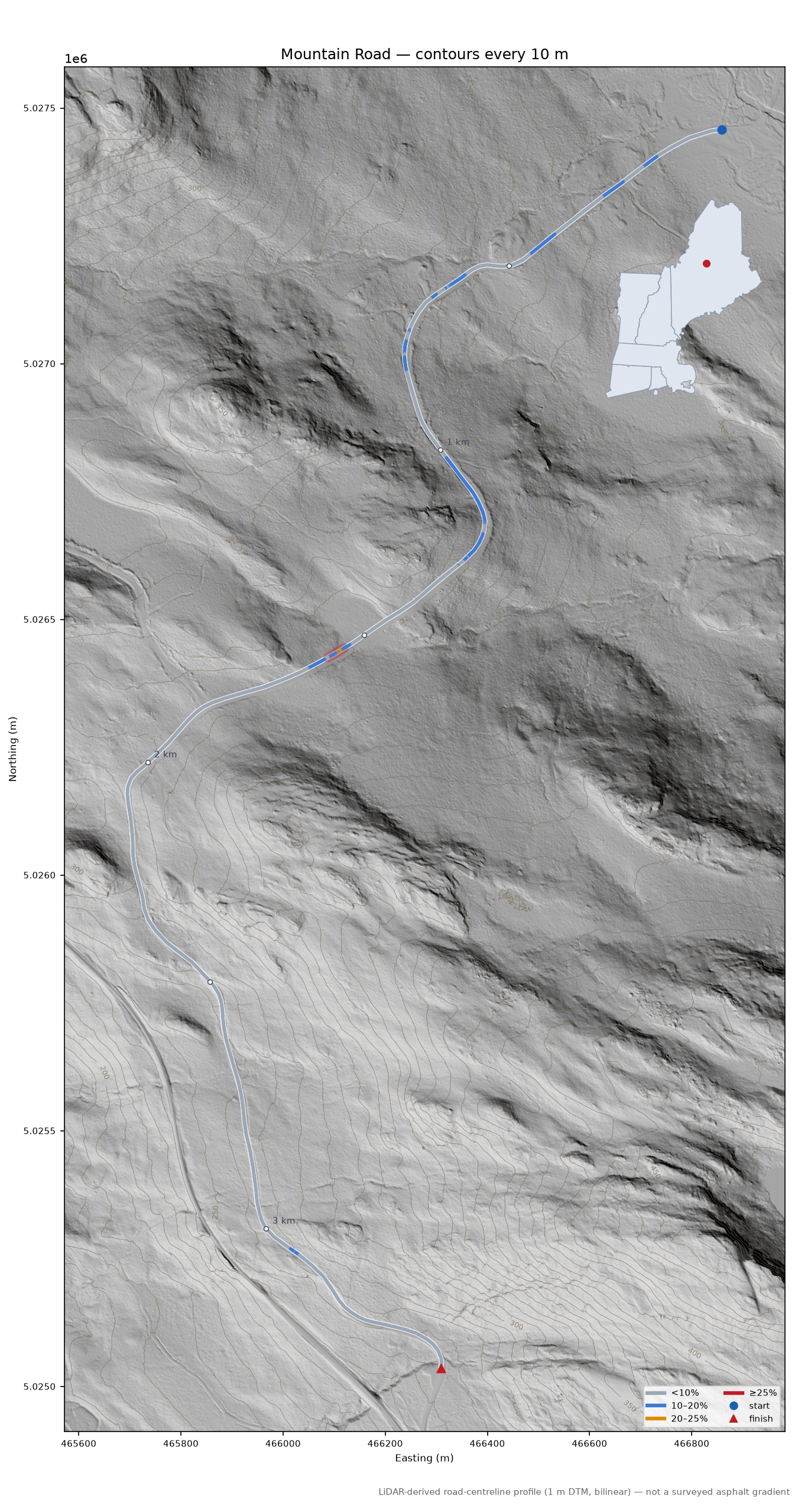 Mountain Road LiDAR hillshade map with contours