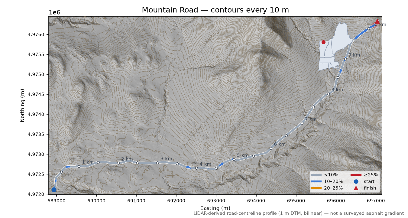 Mountain Road LiDAR hillshade map with contours