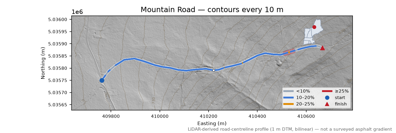 Mountain Road LiDAR hillshade map with contours
