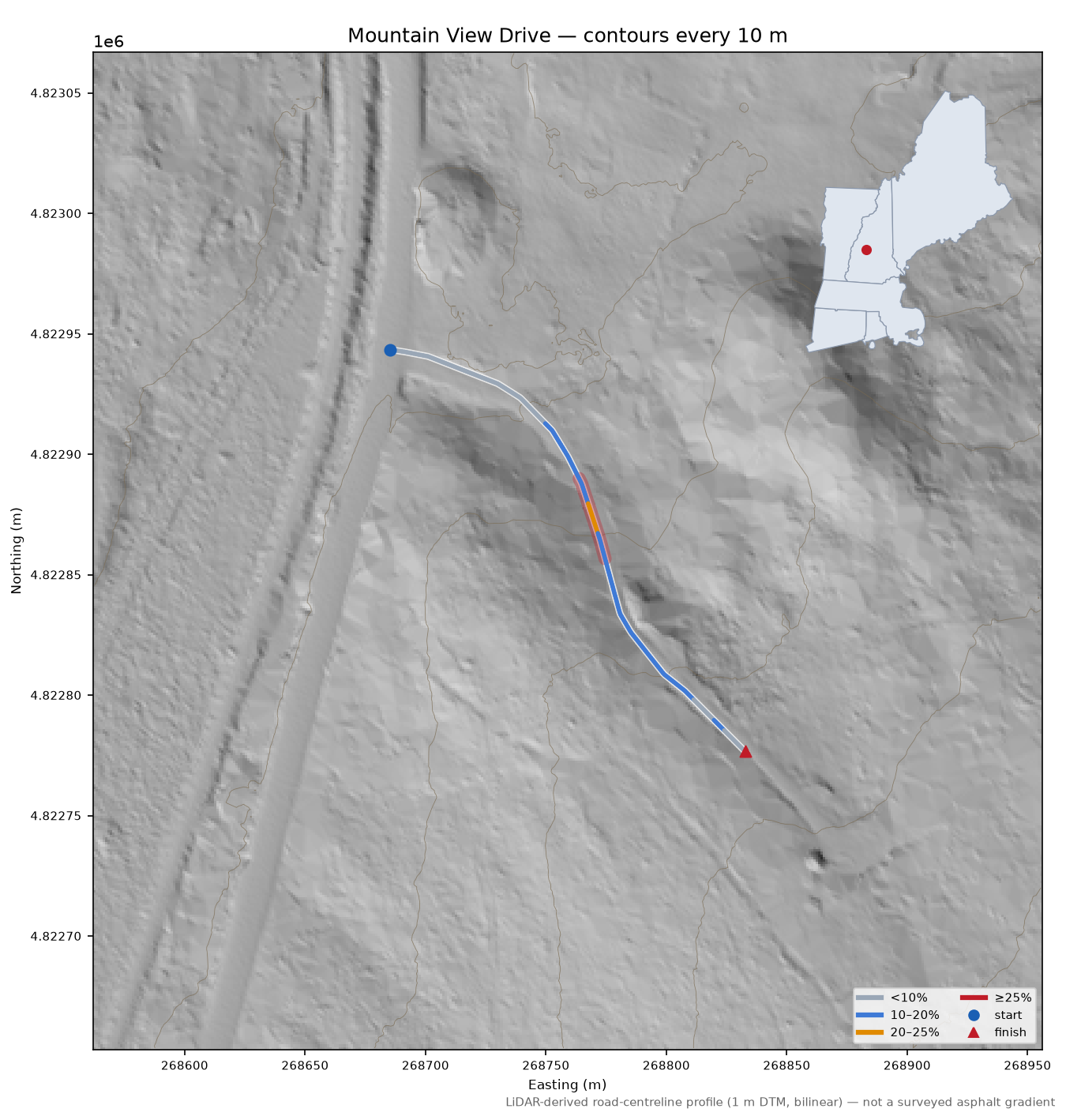 Mountain View Drive LiDAR hillshade map with contours