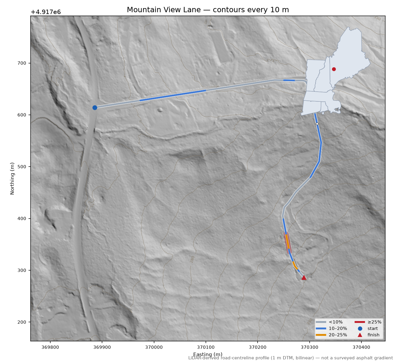 Mountain View Lane LiDAR hillshade map with contours