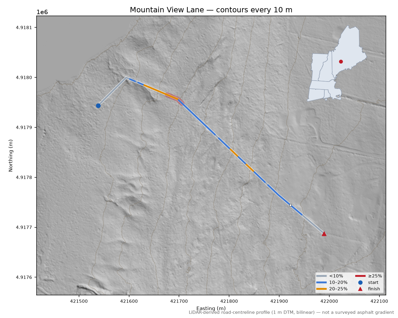 Mountain View Lane LiDAR hillshade map with contours