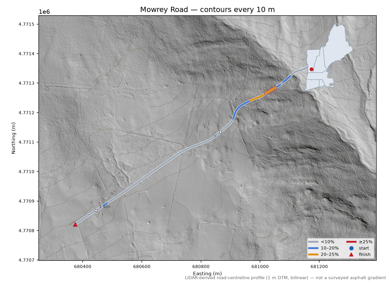 Mowrey Road LiDAR hillshade map with contours